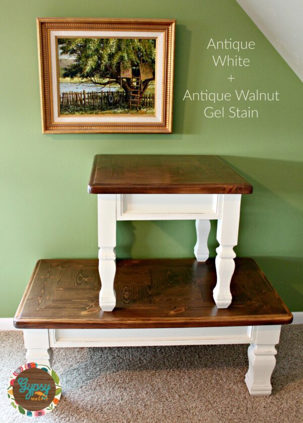 Handpainted antique white and walnut tables, given a new life and a little love {Gypsy Magpie}