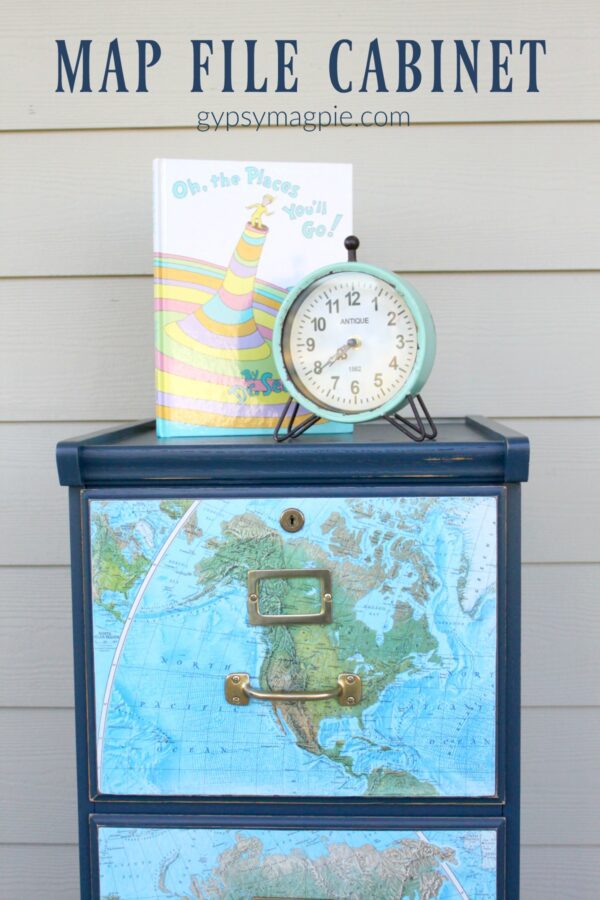 A little navy blue paint and an old map perk up a boring oak file cabinet | Gypsy Magpie