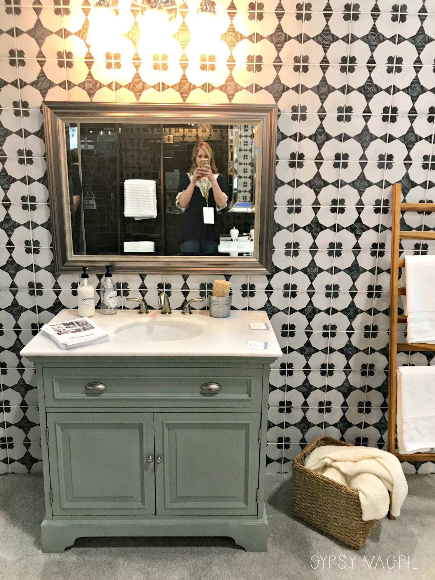 Funky tile wall in bathroom vignette | Gypsy MagpieGypsy Magpie