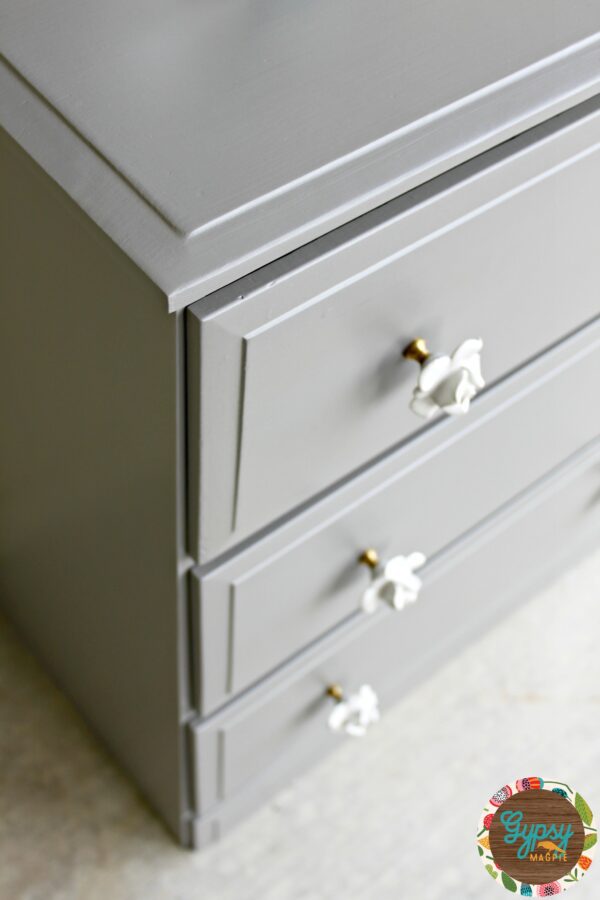 An old handbuilt dresser gets new life with some dovetail grey paint and vintage style floral hardware {Gypsy Magpie}