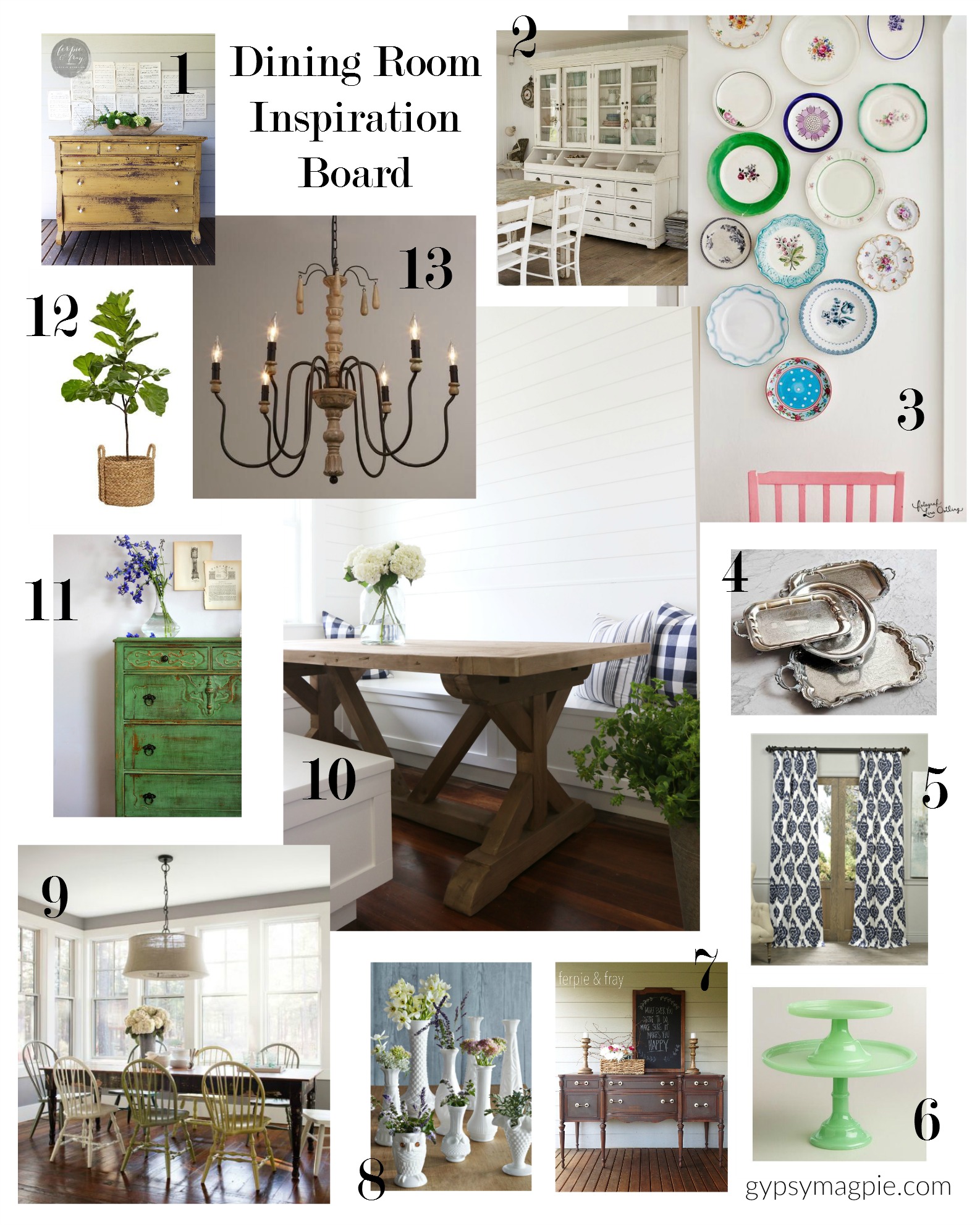 I needed a way to gather my inspiration for my dining room project together in one place, so I created this little inspiration board to keep me focused! I love inpiration boards! | Gypsy Magpie