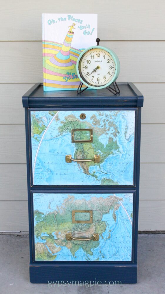 Give an old wood file cabinet a face lift with some navy blue paint and a map! | Gypsy Magpie