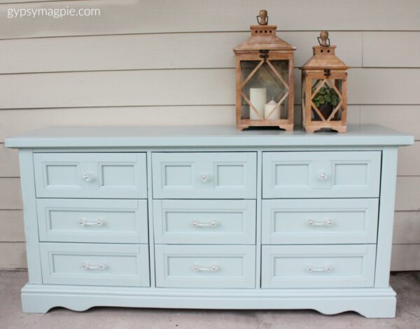 This darling dresser was painted in Wyeth Blue and is even more adorable in person! | Gypsy Magpie