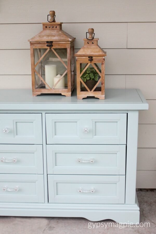 D. Lawless glass hardware and Wyeth Blue paint from Four Chairs update a 9 drawer dresser