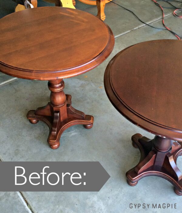 Sometimes tired furniture just needs a little bit of love and attention to bring out the best features. These chipped up tables are beautiful now! Come see the after! | Gypsy Magpie
