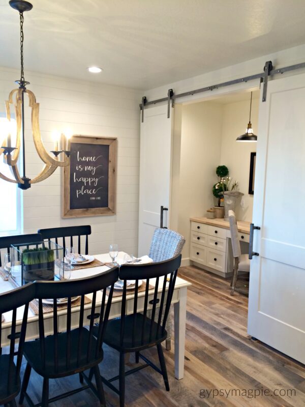 Dining Room with barn doors and a little homework/office nook. Love it! | Gypsy Magpie