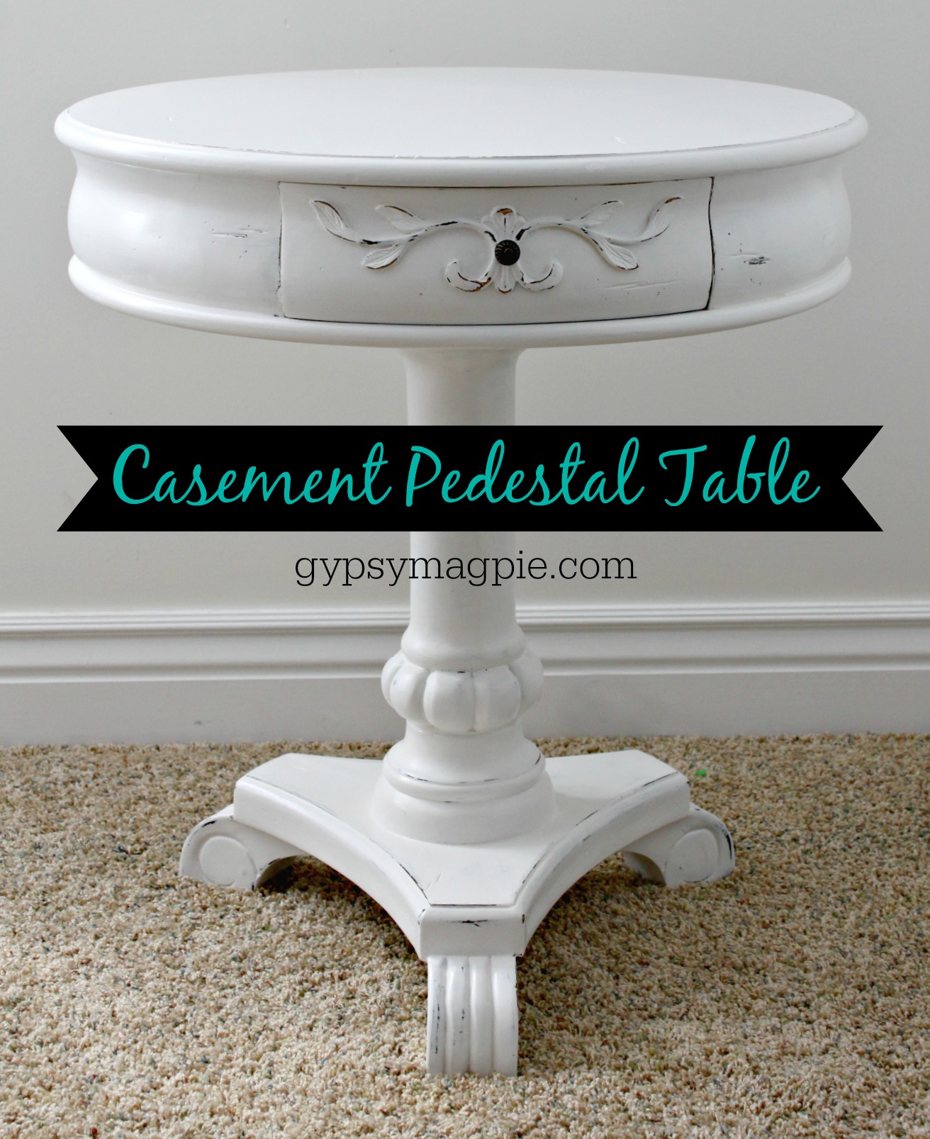 Cute round painted pedestal table with papered drawers | Gypsy Magpie