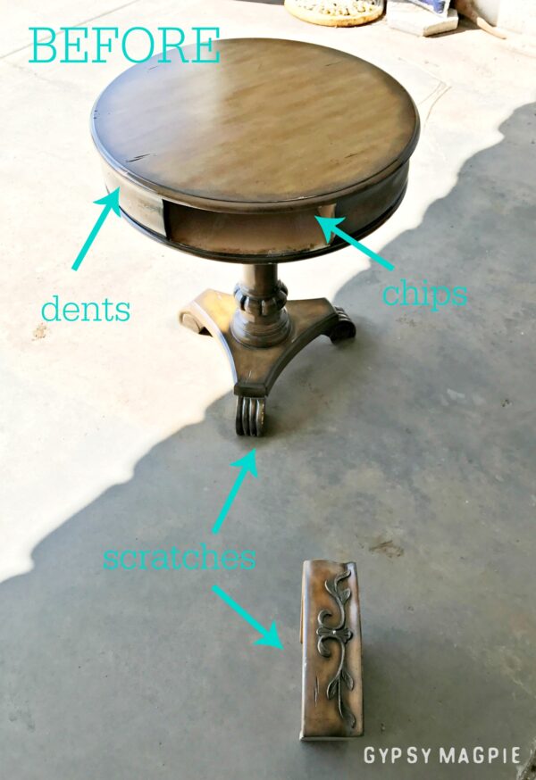 This sad yard sale pedestal table got some love. It's so pretty now! Stop by Gypsy Magpie to see the after. 