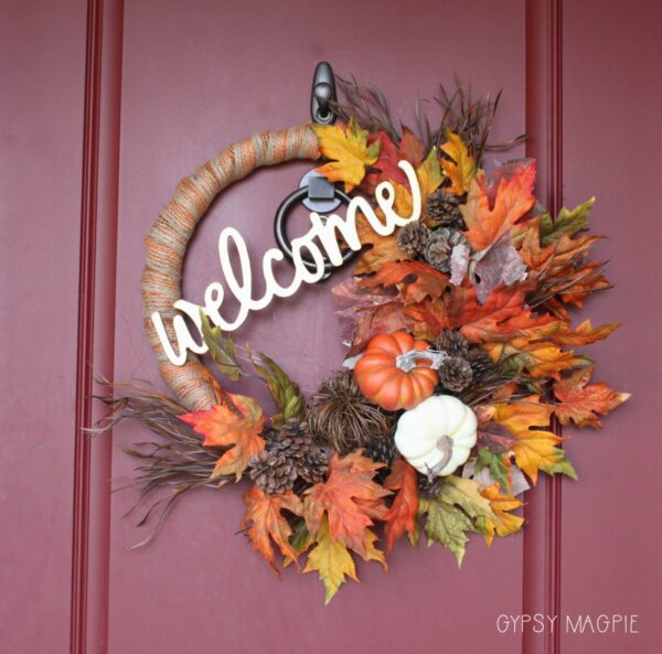 This fall pumpkin welcome wreath was easy and can be changed up for Thanksgiving! | Gypsy Magpie