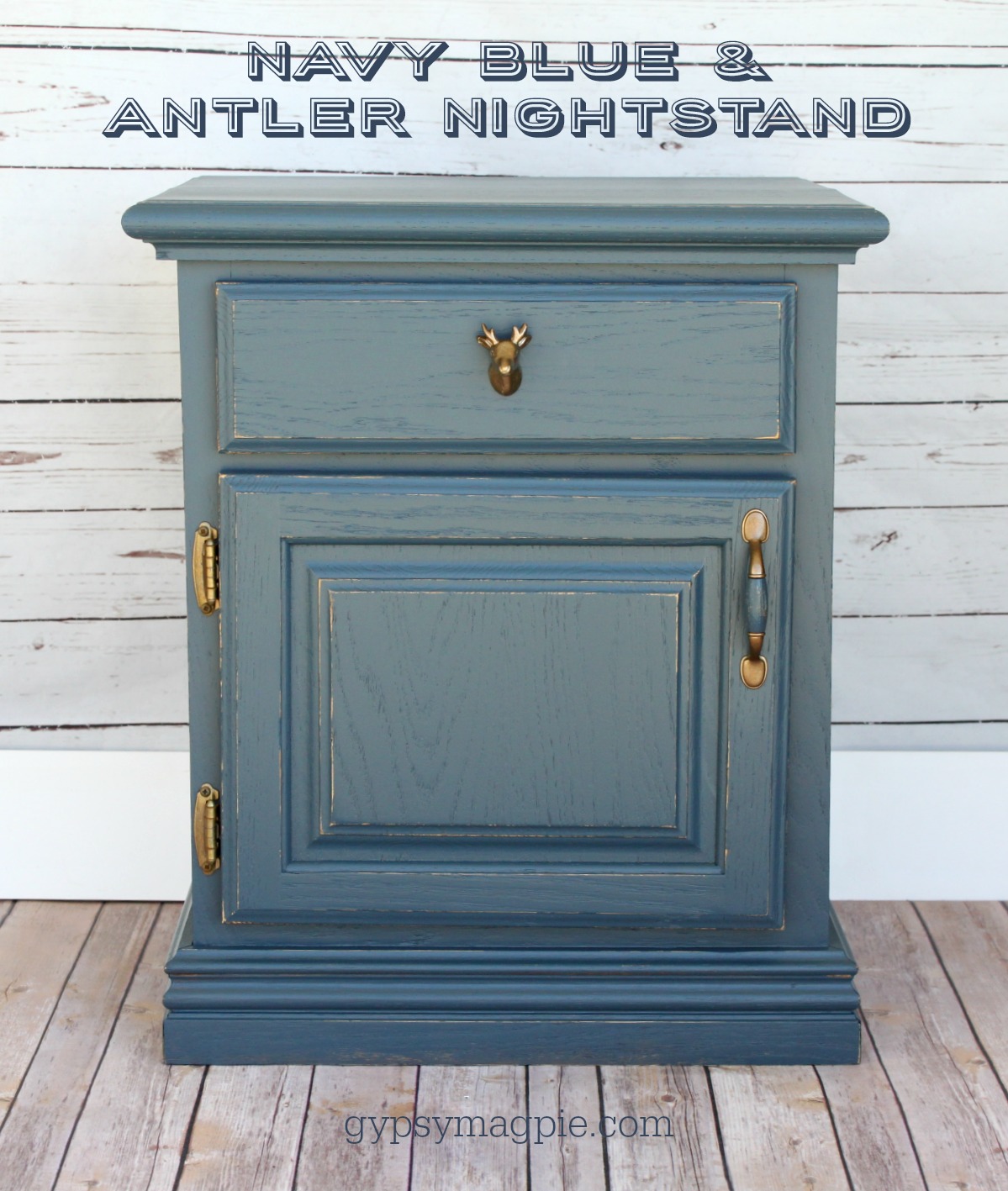 This antler and navy blue nightstand is just begging to be in an outdoor loving kid's room! | Gypsy Magpie