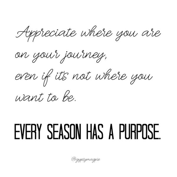 Appreciate where you are on your journey, even if it's not where you want to be. Every season has a purpose. - Wishing you a meaningful Christmas season and a fabulous New Year!