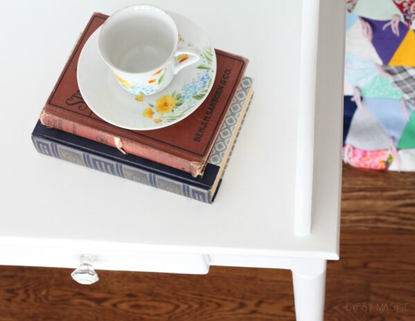 Pretty writing desk made over with white paint and glass knobs | Gypsy Magpie