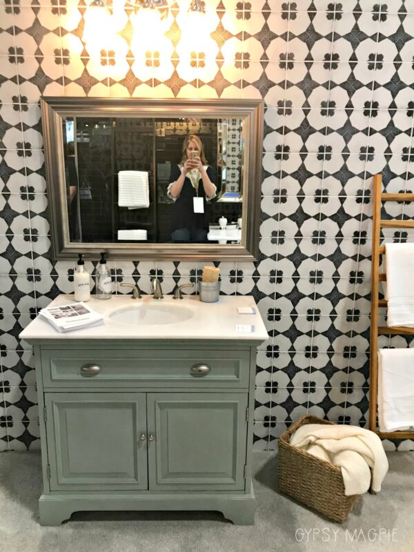 Funky tile wall in a bathroom vignette at the International Surfaces Event | Gypsy Magpie