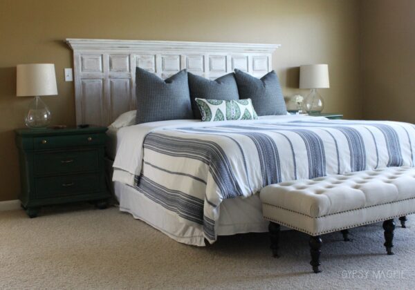 Navy and green master bedroom color scheme | Gypsy Magpie