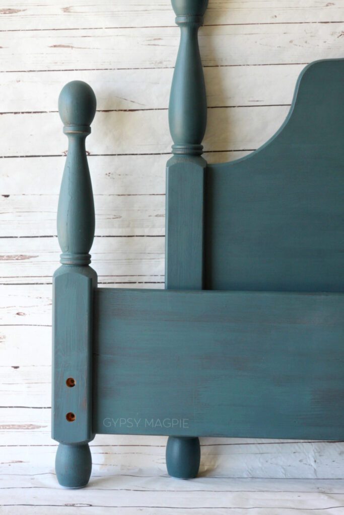 Old bedframe made new using Magnolia paint in the color Weekend