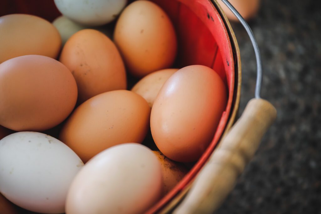 a big red basket of fresh eggs