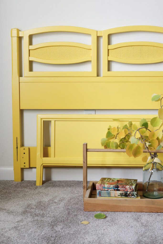 Closer look at a sunny yellow bed frame