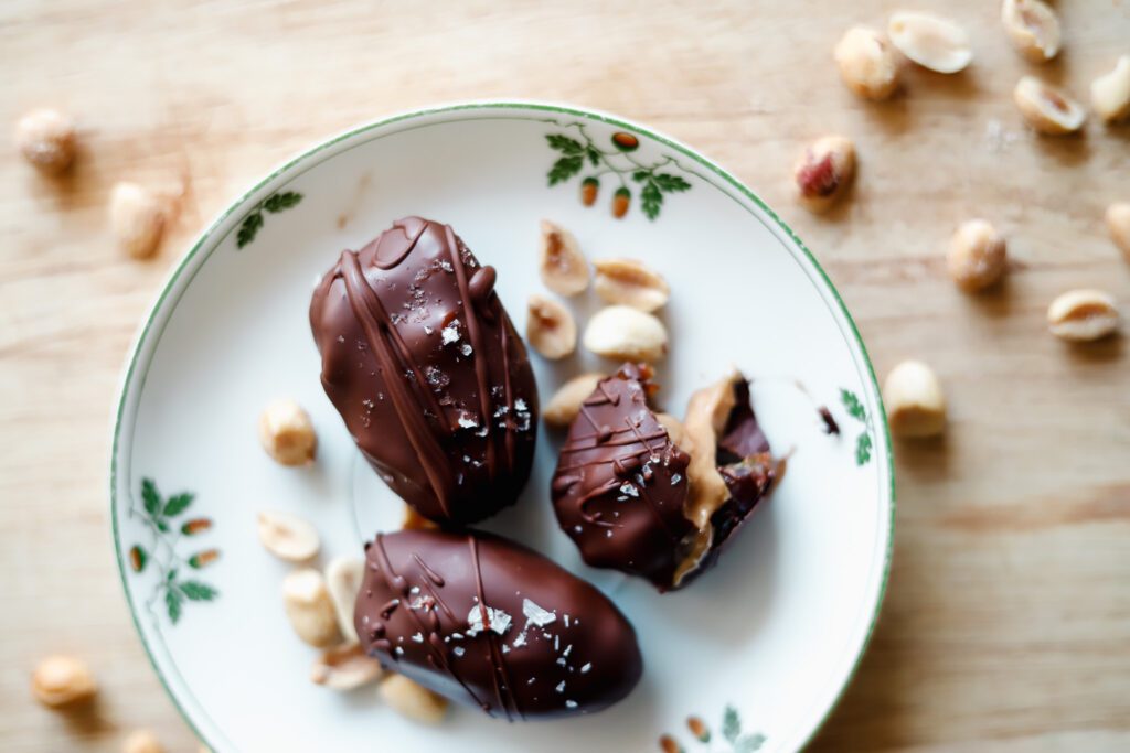 healthier snickers made with dates, peanut butter, and chocolate. So good!